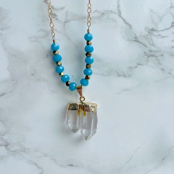 Crystal Pendant Teal and Gold necklace - Picture 6 of 7